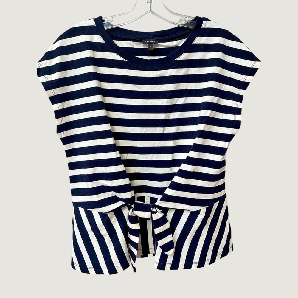 Talbots Womens Large Navy White Striped Tie Front Crew Neck Top Cap Sleeves